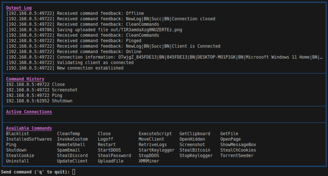 Image 7: Snipping of the C2 server interface after dispatching Ping, Screenshot, and Close commands.