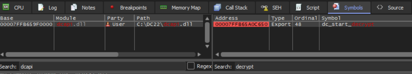 Image 7: Setting of a breakpoint at the dc_start_decrypt function.