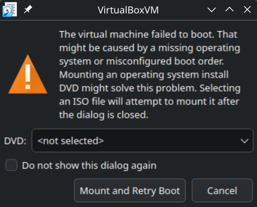 Image 3: Warning message from VirtualBox regarding a failed boot.