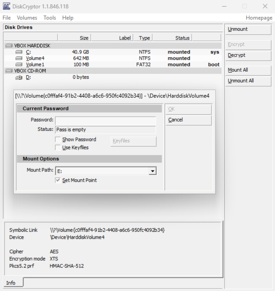 Image 5: The graphical interface to decrypt a partition using DiskCryptor.