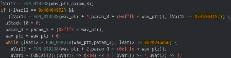 Image 6: Decompiled WAV handling function checking for keywords.